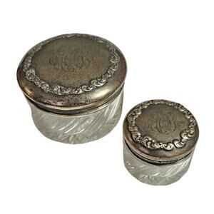 Antique Wallace Sterling Silver Crystal Dresser Jar Vanity Inkwell Set Pair